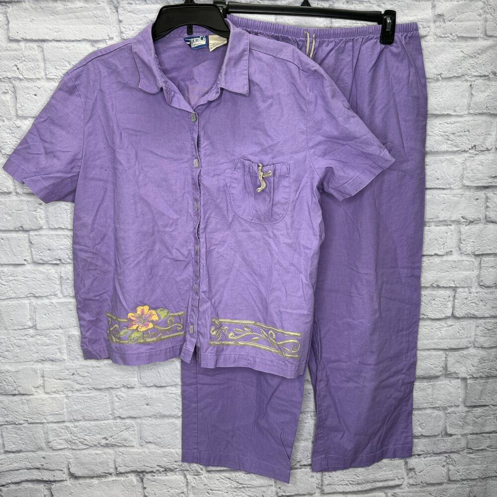 Vintage Blue Fin Linen Set XL Purple Floral Painted Capri Pants Short Sleeve Top